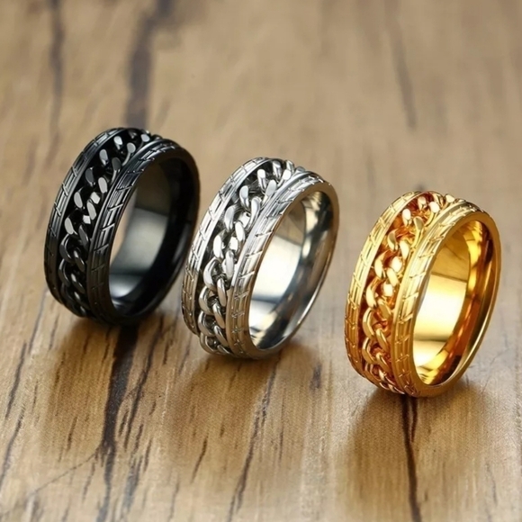 Black Stainless Steel Tire Texture Spinner Anxiety Fidget Ring - Picture 4 of 6